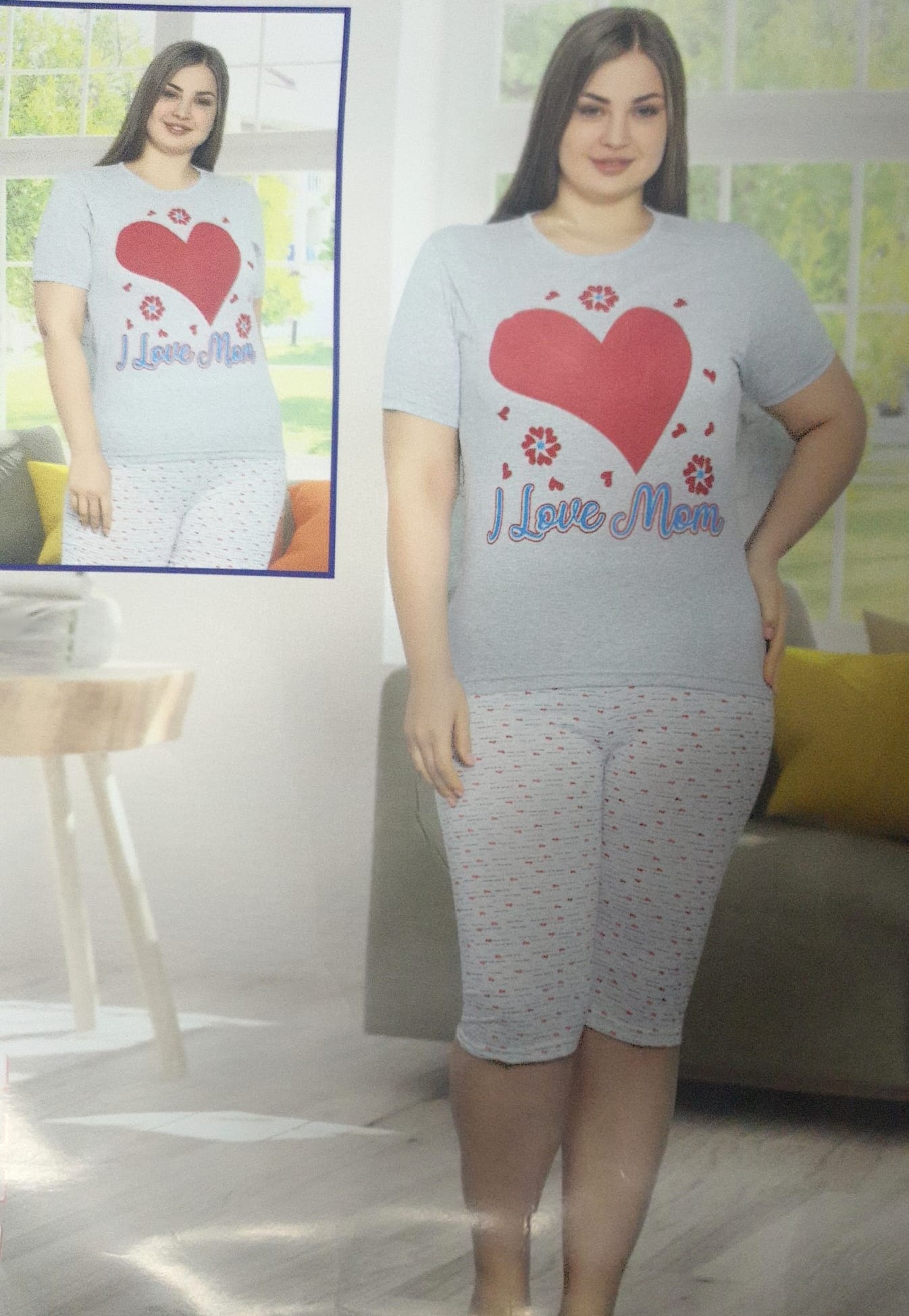 Pijama Dama batal gri tricou cu imprimeu inima si pantaloni trei sferturi PJD086 image4